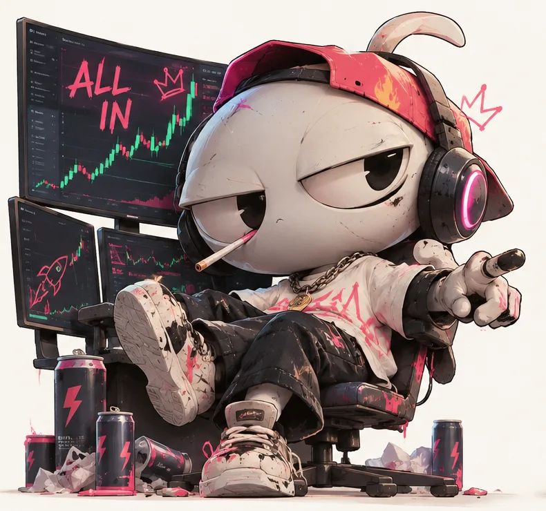 DEGEN leaning back in a gaming chair with sneakers up, cigarette in mouth, pointing forward, surrounded by energy drinks and a monitor reading ALL IN