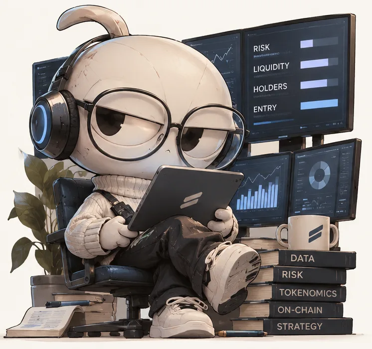 QUANT in round glasses and a turtleneck reading a tablet beside monitors showing risk, liquidity, holders and entry, next to books labeled data, risk, tokenomics, on-chain and strategy